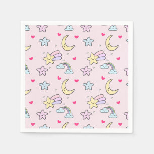 Moon, Stars and Clouds Pattern on Pink Napkin