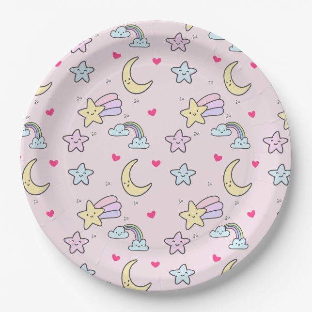 Moon, Stars and Clouds Pattern on Pink Paper Plate (Front)