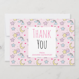 Moon, Stars and Clouds Pattern on Pink Thank You