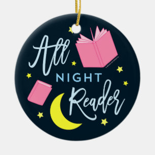 Moon Stars and Pink Books All Night Reader Ceramic Tree Decoration