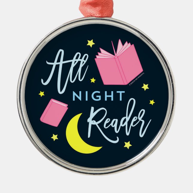 Moon Stars and Pink Books All Night Reader Metal Tree Decoration (Front)