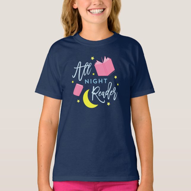 Moon Stars and Pink Books All Night Reader T-Shirt (Front)
