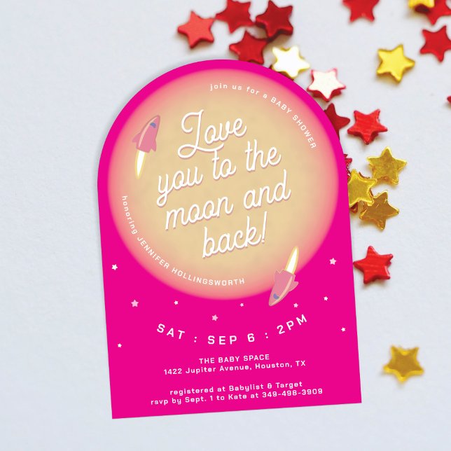 Moon, Stars, and Rockets Pink Baby Shower Invitation (Creator Uploaded)