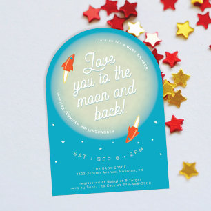 Moon, Stars, and Rockets Red and Teal Baby Shower Invitation