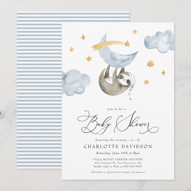 Moon & Stars Baby Animal Blue Boy Baby Shower Invitation (Front/Back)