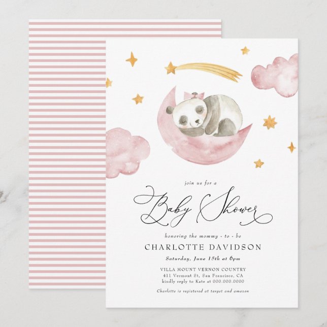 Moon & Stars Baby Animal Pink Girl Baby Shower Invitation (Front/Back)