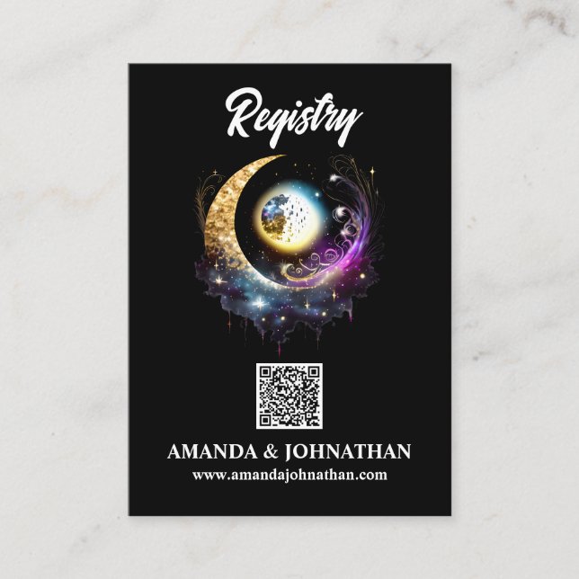 Moon stars black magenta QR code registry chic Enclosure Card (Front)