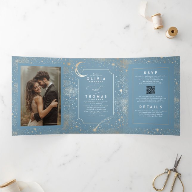 Moon Stars Celestial Dusty Blue Wedding Photo Tri-Fold Invitation (Inside)