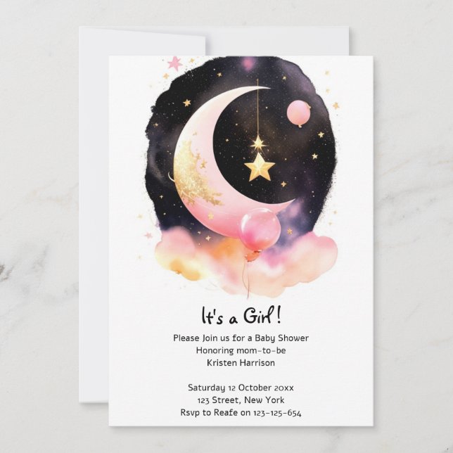 Moon Stars Celestial Watercolor Girl Baby Shower Invitation (Front)