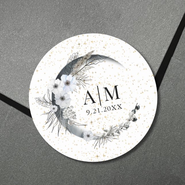 Moon Stars Celestial Wedding Classic Round Sticker (Moon Stars Celestial Wedding Classic Round Sticker)