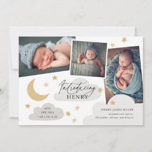 Moon Stars Clouds 3 Photo Collage Grey Announcement