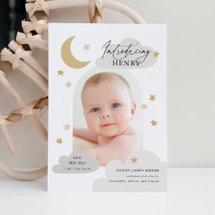 Moon Stars Clouds Arch Photo Grey Birth Announcement
