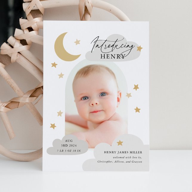 Moon Stars Clouds Arch Photo Grey Birth Announcement (Creator Uploaded)