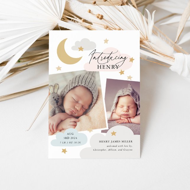 Moon Stars Clouds Arch Photo Pink Blue Birth Announcement (Creator Uploaded)