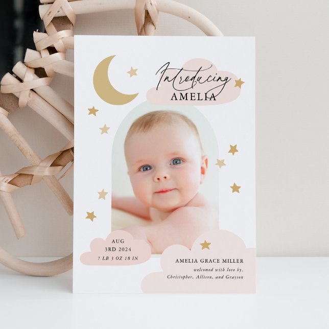 Moon Stars Clouds Arch Photo Pink Blush Birth Announcement (Creator Uploaded)