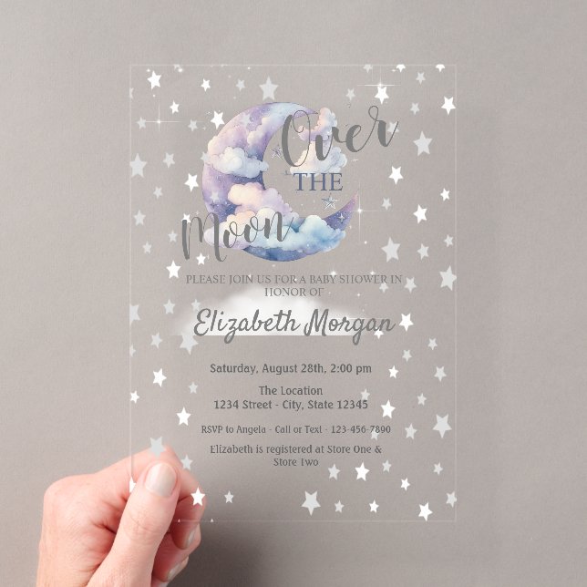 Moon Stars & Clouds Lavender Baby Shower  Acrylic Invitations (Insitu (Handheld))