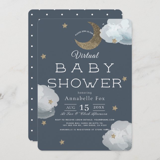 Moon, Stars & Clouds Navy Virtual Baby Shower Invitation (Front/Back)