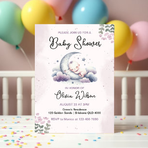 Moon & Stars Cute Sleeping Baby Shower Invitation