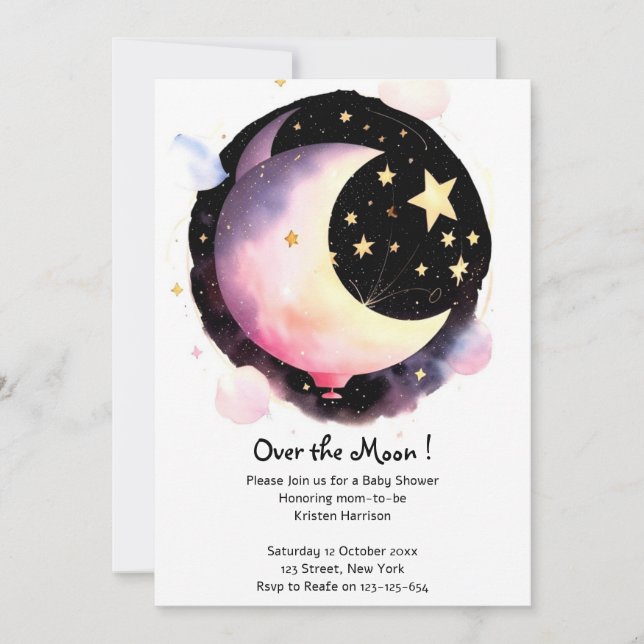 Moon & Stars Dreams: Baby Girl Celestial Shower Invitation (Front)