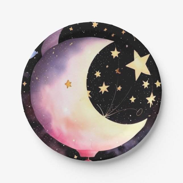 Moon & Stars Dreams: Baby Girl Celestial Shower Paper Plate (Front)