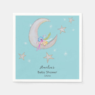 Moon Stars Floral Aqua Blue Hand Drawn Baby Shower Napkin