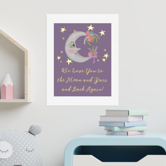 Moon Stars Floral Purple We Love You Baby Nursery  Foil Prints (In Situ (Nursery))