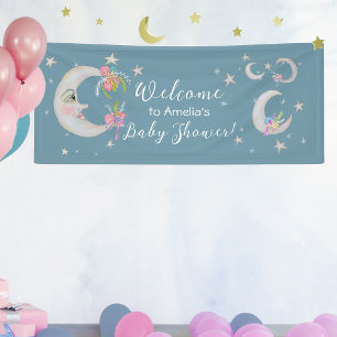 Moon Stars Flowers Teal Blue Baby Shower Welcome Banner