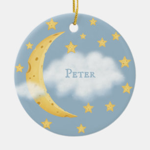 Moon Stars & Fluffy Cloud Blue Baby Keepsake Ceramic Tree Decoration