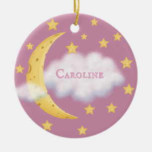 Moon Stars & Fluffy Cloud Rose Baby Keepsake Ceramic Tree Decoration