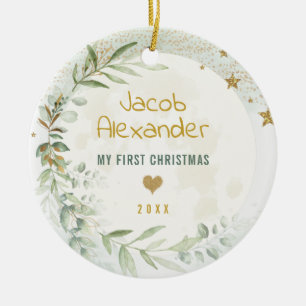 Moon & Stars Greenery Gold Baby 1st Christmas Ceramic Tree Decoration