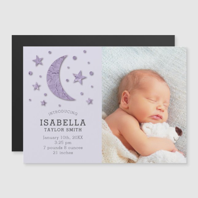 Moon Stars Lavender Baby Photo Birth Announcement (Front/Back)