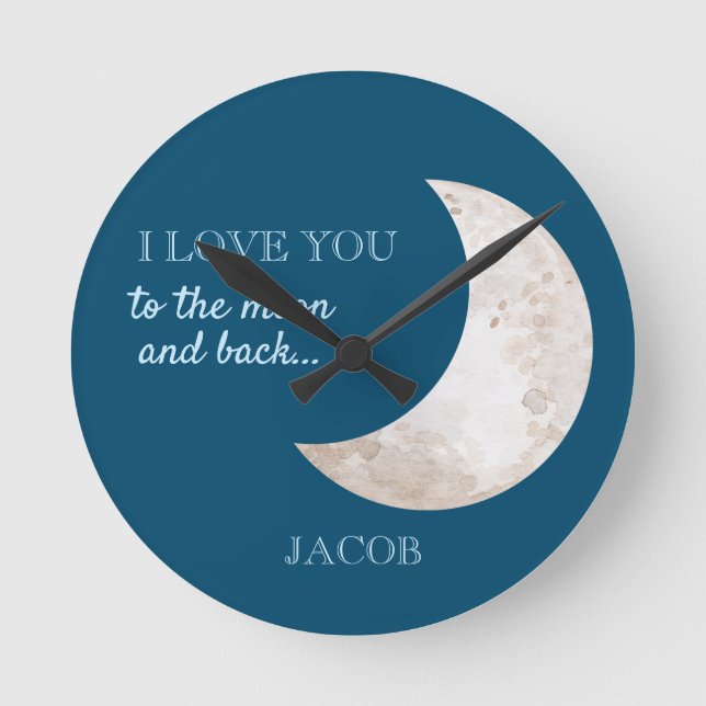 Moon Stars Navy Blue White Nursery Name Round Clock (Front)