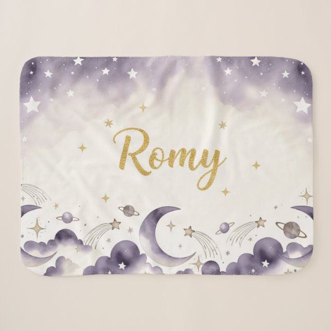 Moon Stars Nursery Blanket  Custom Name Romy (Front (Horizontal))