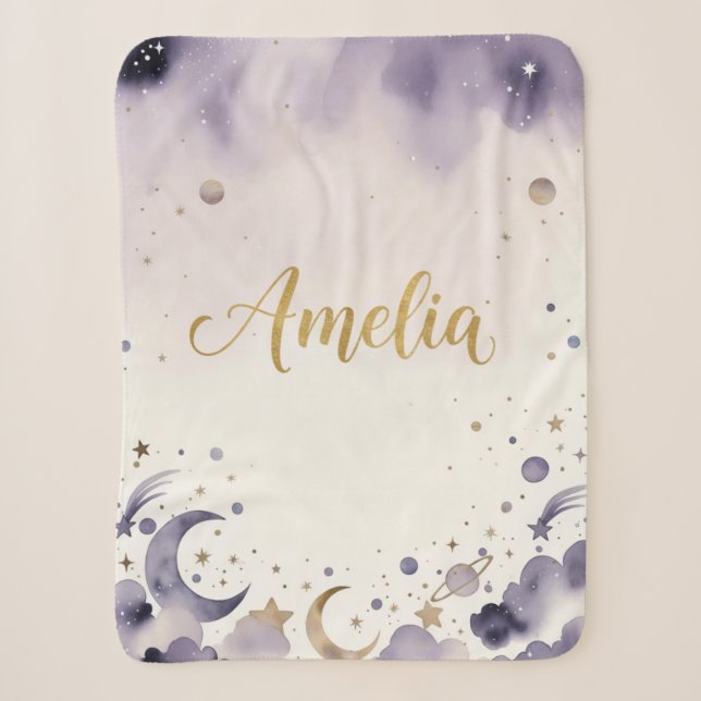 Moon Stars Nursery Blanket with Custom Name Amelia (Front)