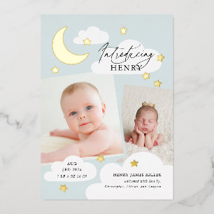 Moon Stars Photo Collage Blue Birth Announcement