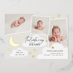 Moon Stars Photo Collage Grey Birth Announcement