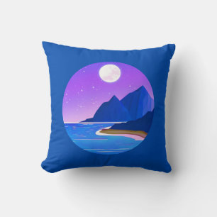 Moon, Stars Sea and Mountains in Violet and Blue Cushion