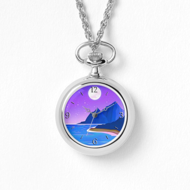 Moon, Stars Sea and Mountains in Violet and Blue  Watch (Front)