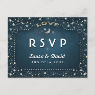 Moon & Stars Teal Gold & White Matching RSVP Invitation Postcard