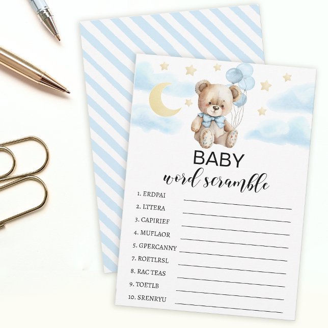 Moon & stars teddy bear baby shower word scramble advice card (Creator Uploaded)