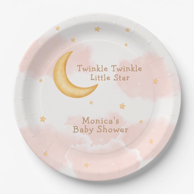 Moon Stars Twinkle Twinkle Girl Baby Shower Paper Plate (Front)