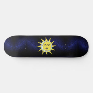 Moon & Sun Conjunction on Navy Blue Galaxy Skatebo Skateboard