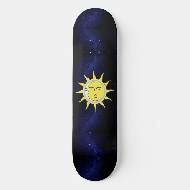 Moon & Sun Conjunction on Navy Blue Galaxy Skateboard (Front)