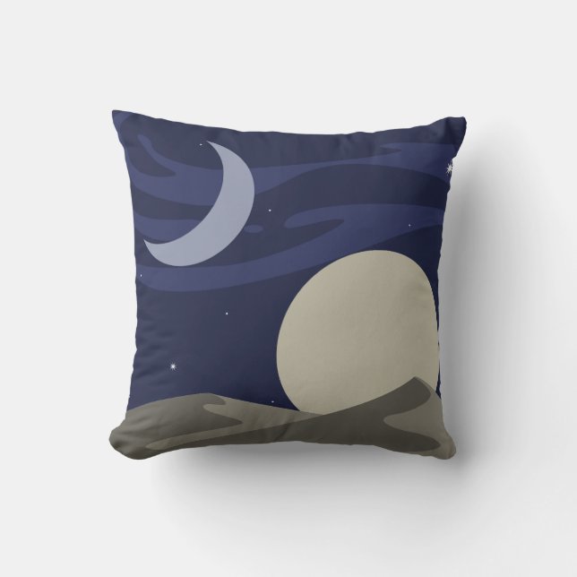 Moon & Sun Night over Desert Dunes Throw Pillow (Front)