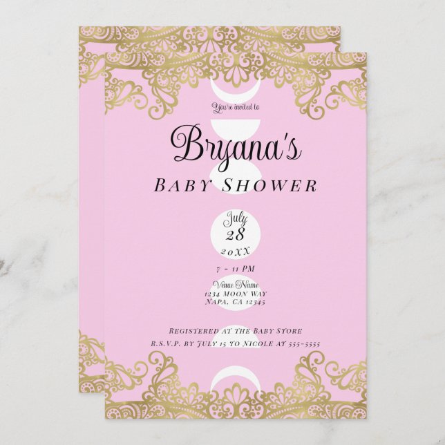 Moon Temple Pink & Gold Ornate Baby Shower Invitation (Front/Back)