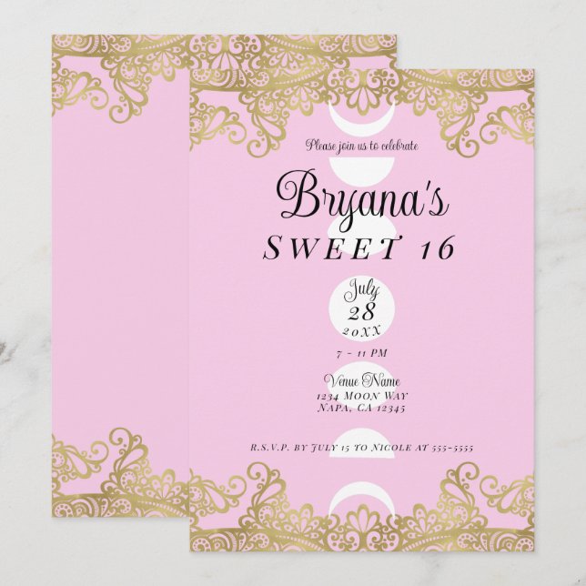 Moon Temple Pink & Gold Ornate Sweet 16 Invitation (Front/Back)