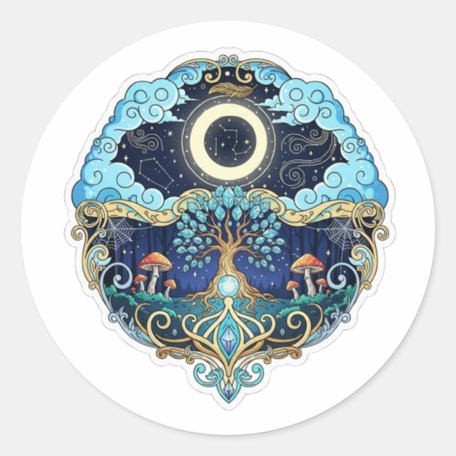 Moon & Tree of Life Night Fantasy Art Classic Round Sticker (Front)
