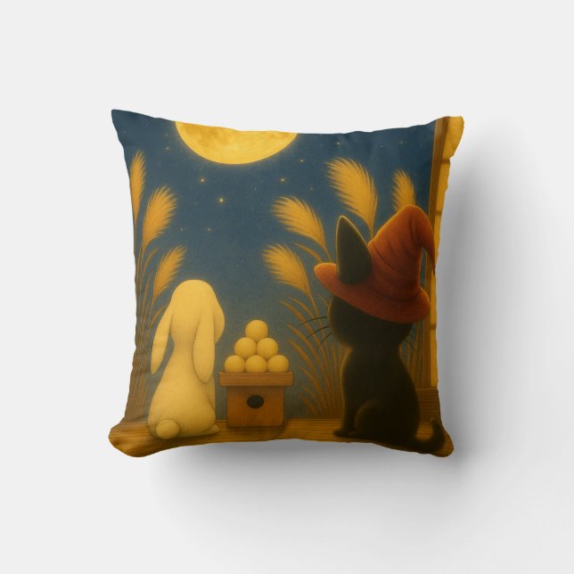 Moon Viewing Night – Black Cat and Rabbit under th Cushion (Front)