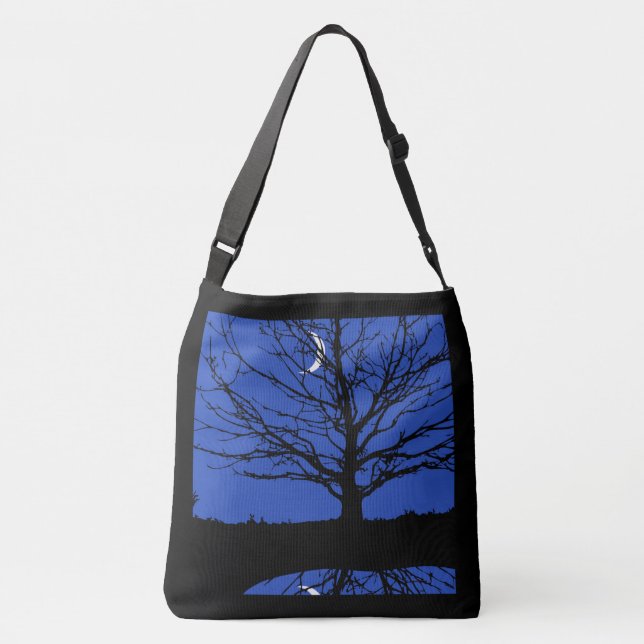 Moon with Tree, Cobalt Blue, Black and White Crossbody Bag (Back)