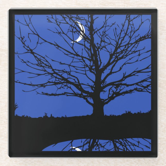 Moon with Tree, Cobalt Blue, Black and White Glass Coaster (Front)